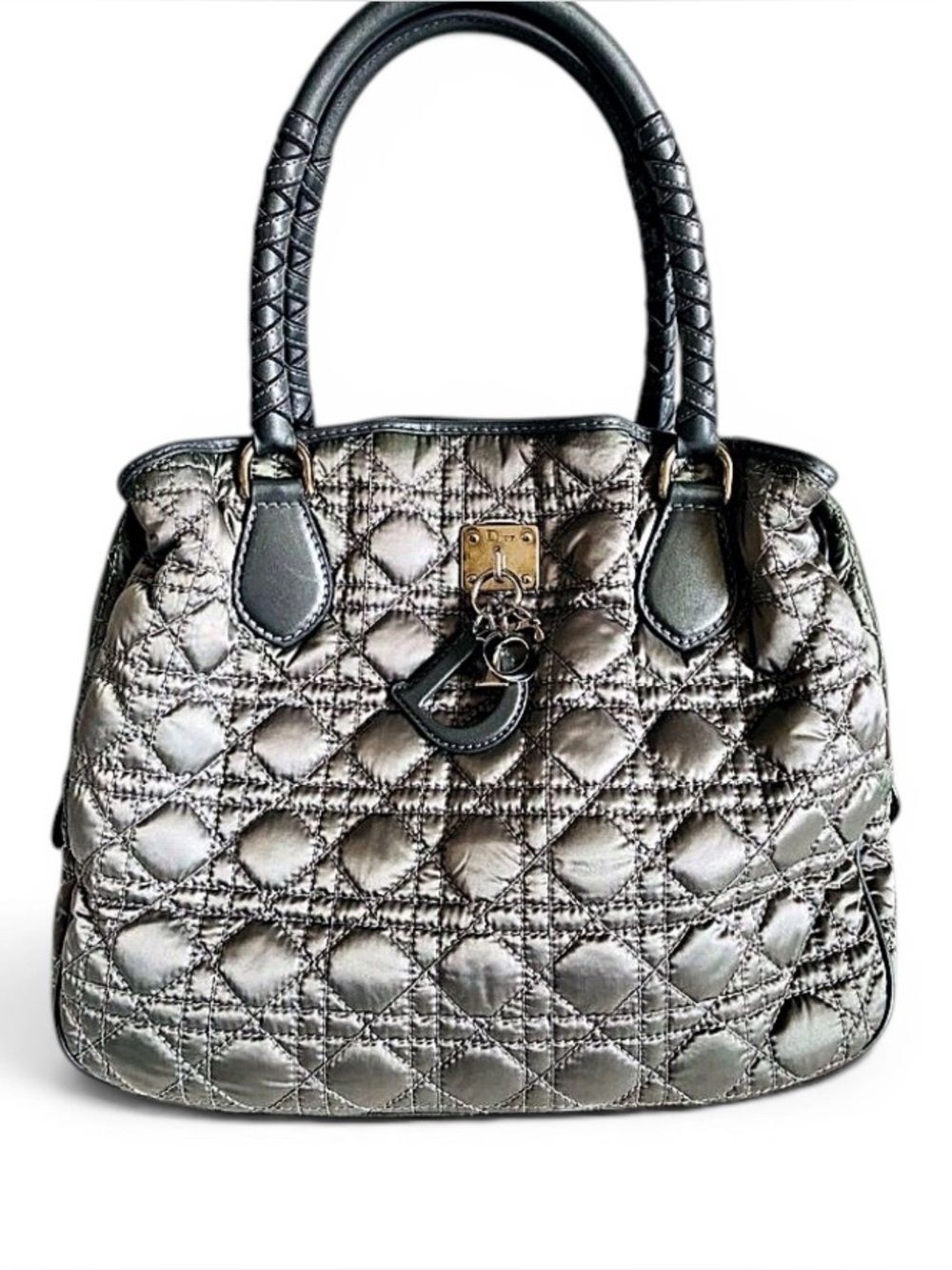 🛍️ Dior Lady Dior Quilted Large Satchel in Metallic Silver Vintage and Authentic